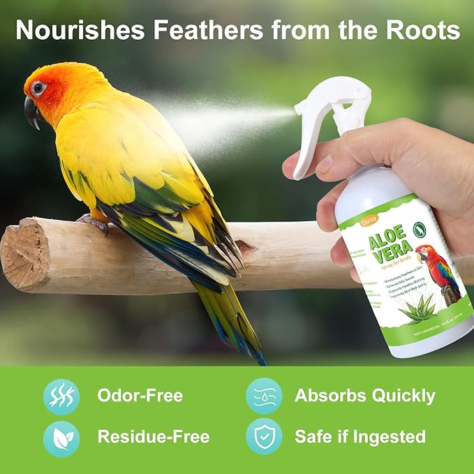 Aloe Vera Bird Spray, Moisturizes Feathers Soothes Dry Itchy Skin, Supports Molting Healthy Plumage, Prevent Feather Plucking Gentle Care, Safe Effective for Parrots Finches All Birds, Odor-Free