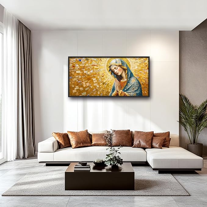 Extra Large Virgin Mary Framed Wall Art for Living Room,Oversized Golden Christian Religious Pictures Wall Decor,Canvas Print Painting Modern Artwork Bedroom Office Bathroom 60L" x 30W"