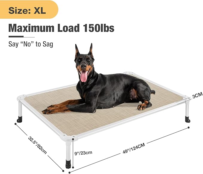 Veehoo Chew Proof Elevated Dog Bed - Cooling Raised Pet Cot - Silver Aluminum Frame and Durable Textilene Mesh Fabric, Unique Designed No-Slip Feet for Indoor or Outdoor Use, Beige Coffee, X Large