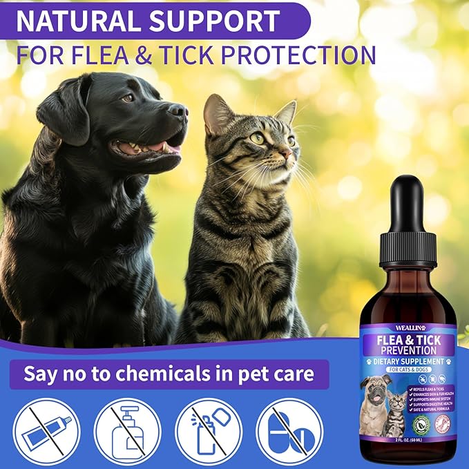 Flea and Tick Prevention Support for Cats and Dogs Natural Flea Treatment Drops with Multivitamin for Pets Oral Natural Supplement Flea and Tick Treatment Drops for All Breeds and Ages