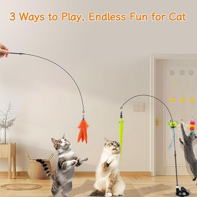 Cat Wand Toy, Interactive Kitten Feather Toys Self Play, Cat Teaser for Indoor Cats Reusable Suction Cup Toys for Indoor Cats Kittens Play Exercise
