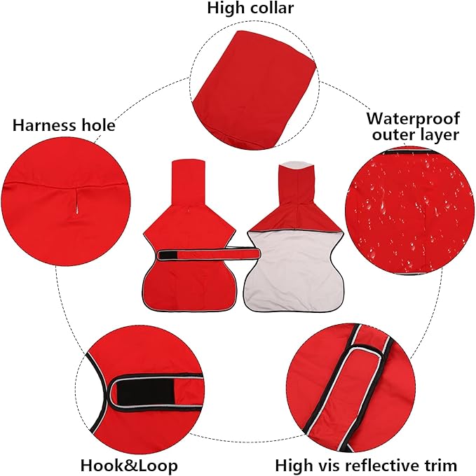 Dog Raincoat with Reflective Bar, Rain/Water Resistant, Adjustable Vest - Dog Raincoats for Greyhounds, Lurchers and Whippets - Red - S
