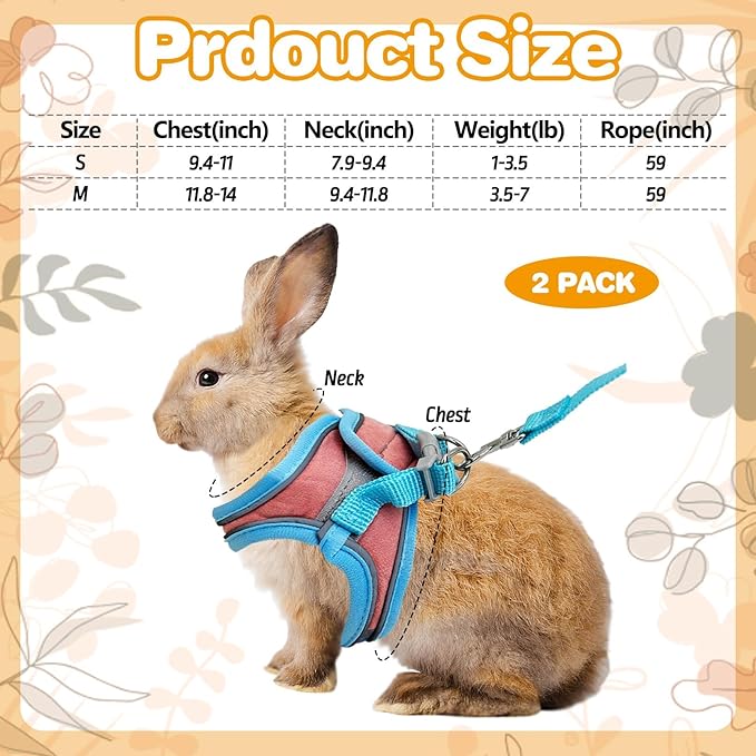 PINVNBY 2 Pack Bunny Hsrness and Leash Set Adjustable Rabbit Harness with Reflective Strips Double Buckle Pet Vest Eescape Proof for Small Rabbit Kitten Puppy Walks Accessories (Blue Pink, M)