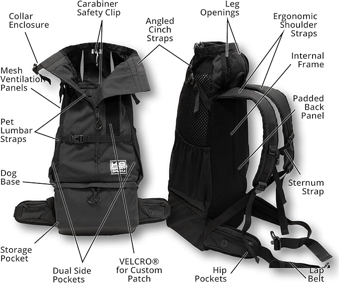 K9 Sport Sack Knavigate - X-Small, Midnight Black - Ideal for Dogs with 9-12” Back Length - Adjustable, Backpack-Style Carrier with Internal Frame & Padded Hip Belt