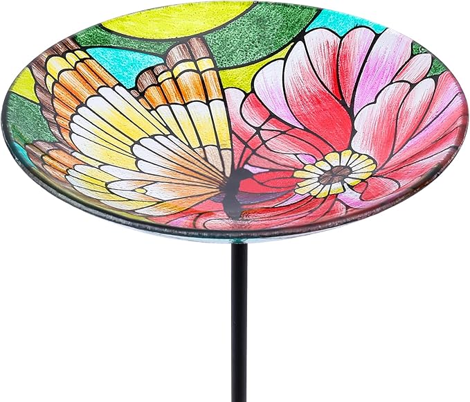 MUMTOP Glass Bird Baths for Outdoors-Outdoor Bird Bath Bowl - Butterfly and Flower Birdbaths Yard Stake, Bird Feeders for Outside, Garden, Patio, Lawn Decor