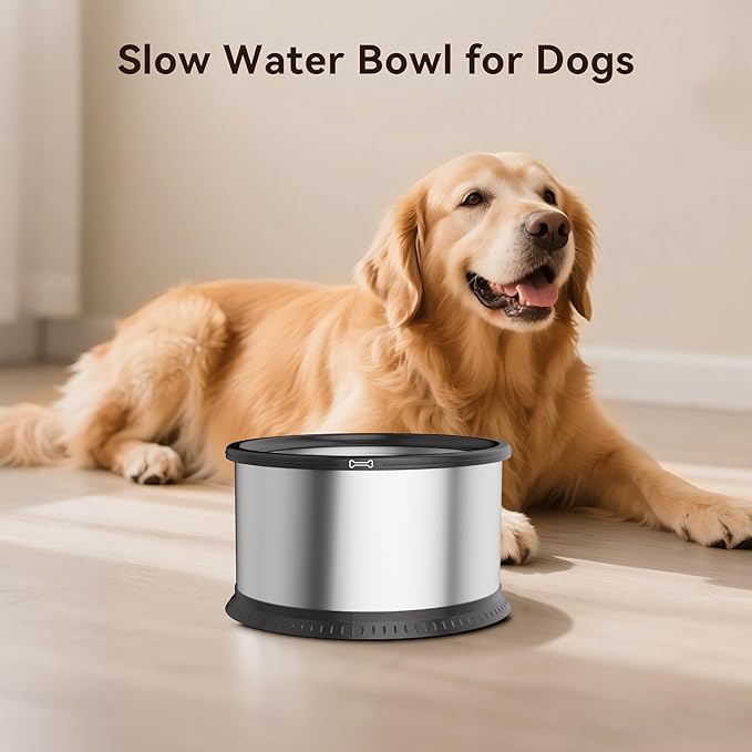 2PCS Dog Water Bowls for Multiple Pets, 4.5L/152oz No Spill Stainless Steel Slow Drinking Water Bowls with Anti-Slip Mat, Splash Proof Pet Bowl for Sloppy Messy Drinkers, Medium Large Dogs