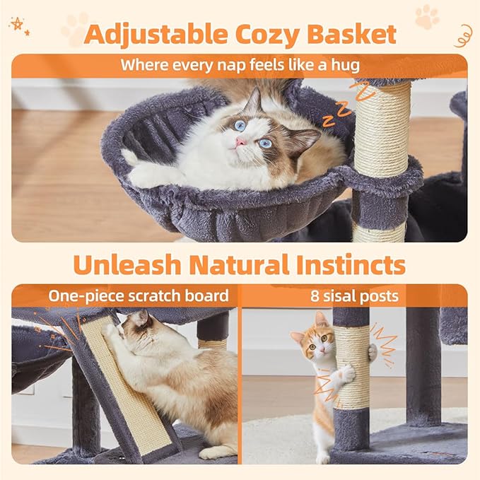 Taoqimiao Cat Tree 57.5-Inch, Cat Tower for Indoor Cats Large Adult, Extra Large Cat Condo, 8 Sisal Scratching Posts, Metal Frame Cozy Hammock, Durable Scratch Board, 2 Top Perches, Smoky Gray MS026G