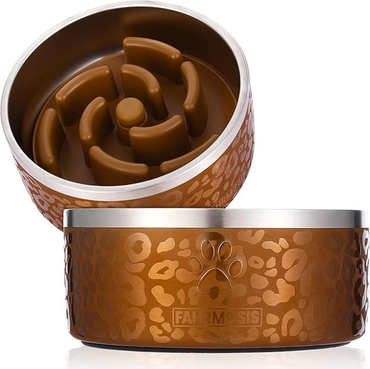 64 OZ Dog Bowl with Slow Feeder Insert Stainless Steel Pet Water Bowl for Medium & Large Breed Non Slip Rubber Base & Plastic Puzzle Feeder - Gold Leopard
