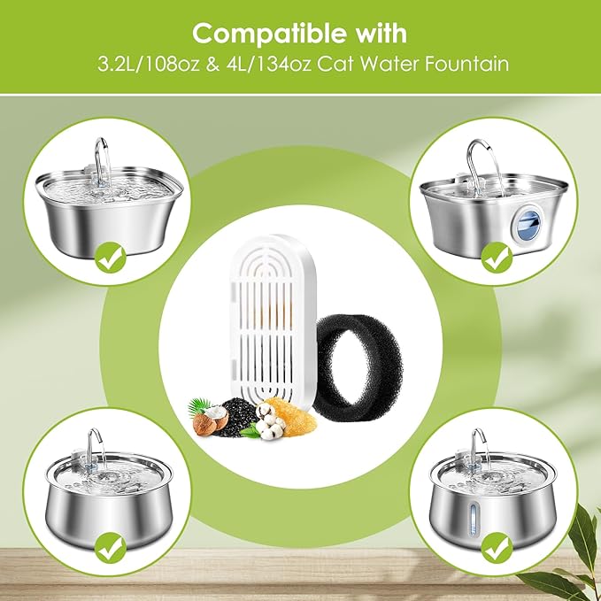 Cat Water Fountain Filters, 3 Pack Replacement Filters & Replacement Pre-Filter Sponges for Stainless Steel Pet Fountain with Water Level Window, Fountain Carbon Filters for Dog Water Dispenser Bowl