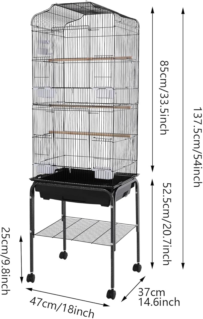 Extra Large Bird Cage, 54" Rolling Breeding Flight Bird Cages w/ 360° Wheels, Open Play Top Bird Cage with Detechable Stand for Parrots, Caiques, Macaw (Black)