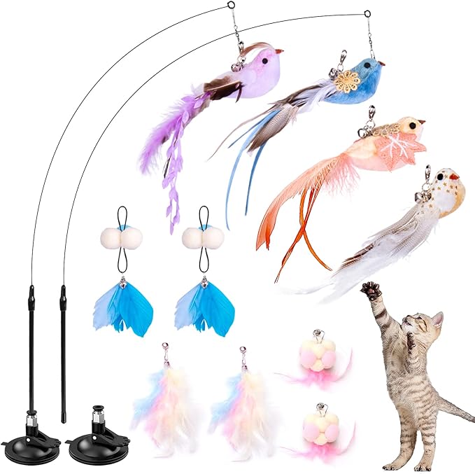 Cat Toys Wand, Interactive Cat Toy with Super Suction Cup Sticky Detachable 12 PCS Feather Replacements 2 Wands Cat Spring Feather Toys for Indoor Cats Kitten Toys (4 Birds Replacements)