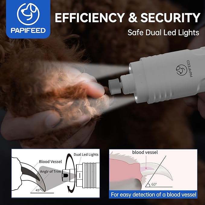 PAPIFEED Dog Nail Grinder Professional Pets, 3-Speed Electric Quiet Dog Nail Grinder, Rechargeable Dog Nail Trimmers - with 2 LED Lights/2 Grinder Wheels, for Small, Medium, (White)