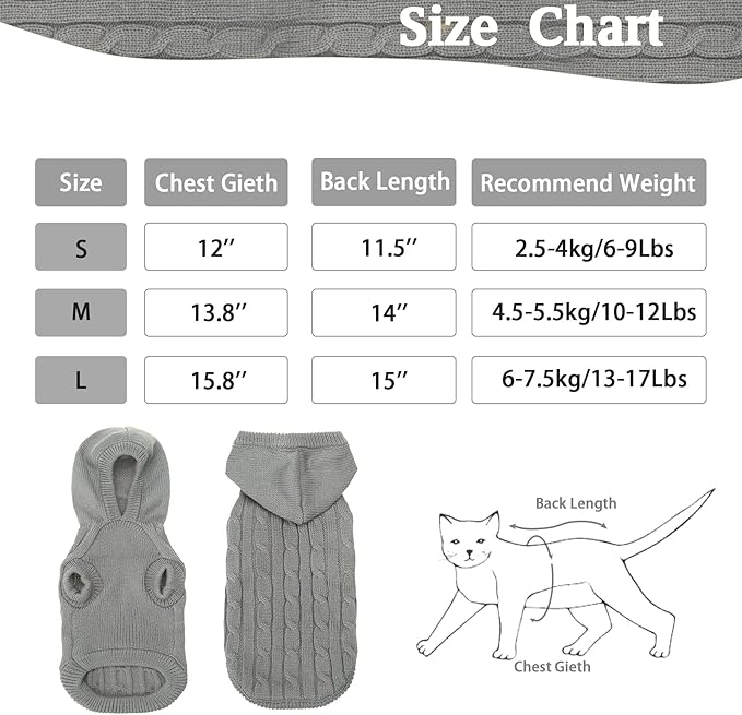 PUPTECK Winter Dog Cat Sweater - Cold Weather Clothes for Kitties & Small Dogs Indoor Outdoor Walking Warm (Grey, M: Chest Girth 13.8”, Back Length 14”)