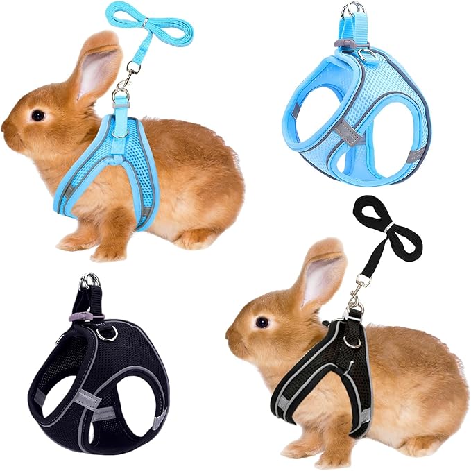 2 Pack Rabbit Harness and Leash Set, Double Buckle Bunnies Harness with Reflective Strips Soft Breathable Mesh Vest Harness for Rabbits Walks Accessories(Blue and Black)