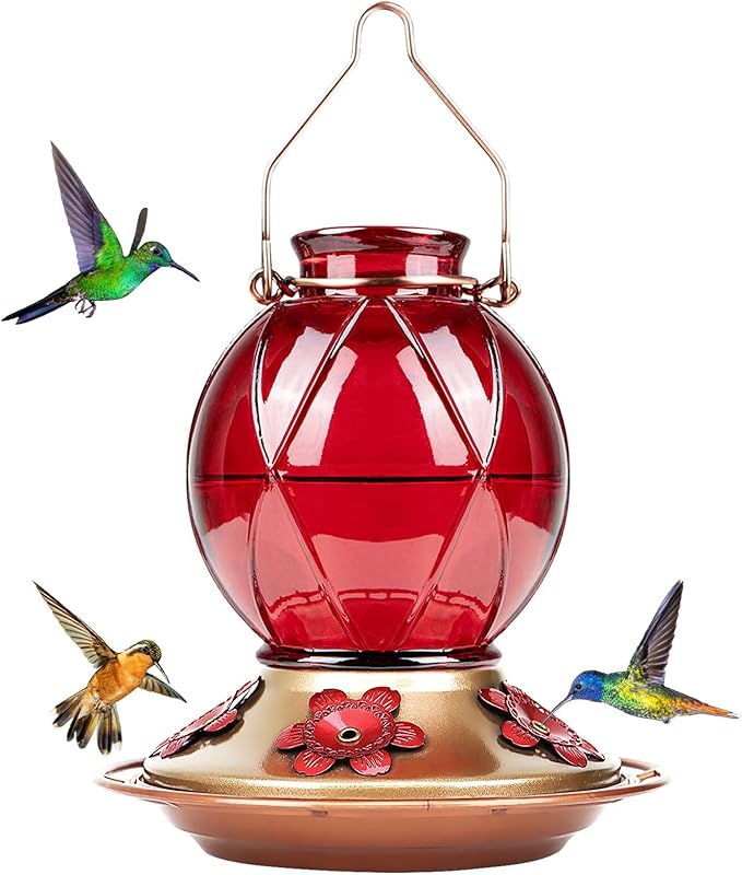 BOLITE Hummingbird Feeder, Glass Hummingbird Feeder for Outdoors, Meshy Texture Ball Shape Bottle, 20 Ounces, Red, Birthday Gifts for Women Men, Gifts for Mom Dad