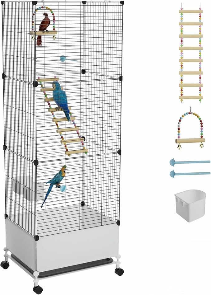Extra Large Bird Cage, Black Parakeet Cages with Rolling Stand & Wheels, Wide Birdcage for Parrots Cockatiels Conure Budgie Canary Finch Lovebird