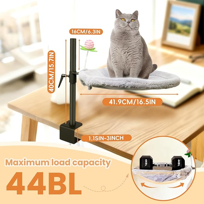 16-Inch Cat Desk Bed - 360° Rotating & Adjustable, Soft Faux Fur, Supports Up to 44lbs, Removable & Washable, Modern Indoor Cat Furniture for Office Desks, Gaming Tables & Island Tables (Round)