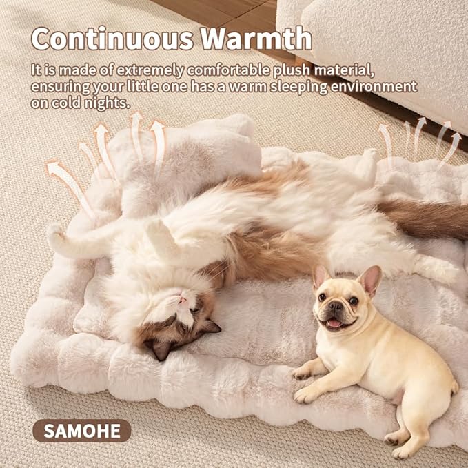 Plush Dog Bed Mat Faux Fur Cat Beds for Indoor Cats with Anti-Slip Bottom Kitten Self Warming Bed for Couch/Floor/Dog & Puppy Friendly 27 x 20 Inch Large White