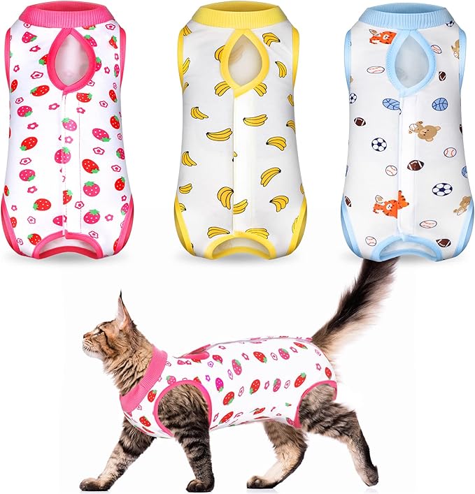Nuanchu 3 Pieces Cat Recovery Suit Kitten Recovery Suit E-Collar Alternative for Cats and Dogs Abdominal Skin Anti Licking Pajama Clothes Sets(Strawberry Pattern,Small)