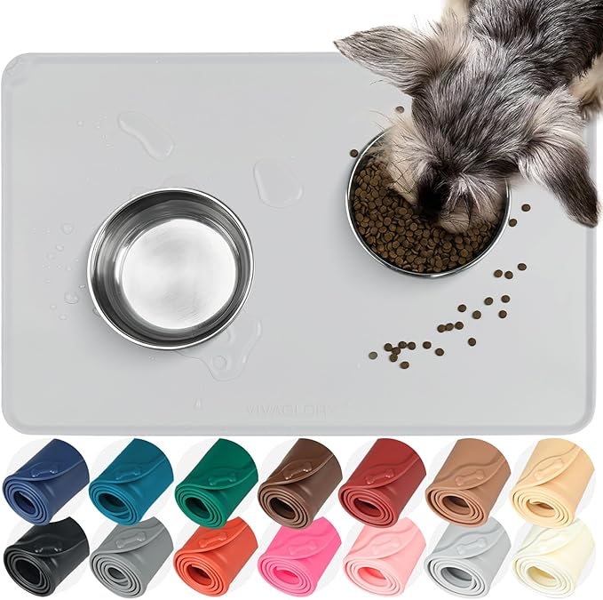 VIVAGLORY Dog Food Mat Flexmat Dog Bowl Mat, Placemat Food Tray with Raised Edges & Lip for Indoor Floor, Non Slip Waterproof Silicone Dish Placemat for Cat & Pet, S, Light Grey