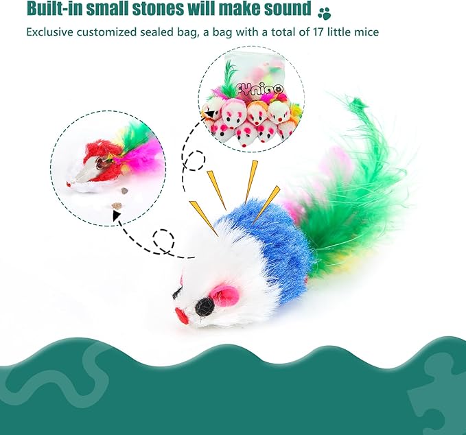 FYNIGO Cat Mouse Toys 17 Value Pack - Catnip Interactive Mice Toys with Feather Tails for Indoor Cats & Kittens - Realistic Plush Hunting Rattle Toys Set
