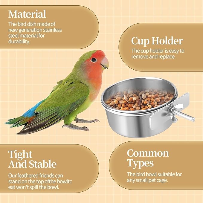 12 Pcs Stainless Steel Bird Food Bowls, 10 oz Bird Water Bowls with Clamp Holders, Parrot Cage Coop Feeders for Cockatiel Conure Budgie Parakeet Macaw (12PC-10oz Stainless Steel Bowl)