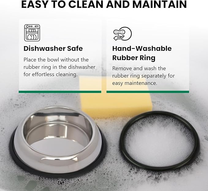 ICONIC PET 2 Cup/16 Oz Heavy Weight Non-Skid Stainless Steel High Back Pet Food/Water Bowls with Removable Anti Skid Rubber Ring - Dog/Cat Feeding Bowl in Unique Design, Dishwasher Safe