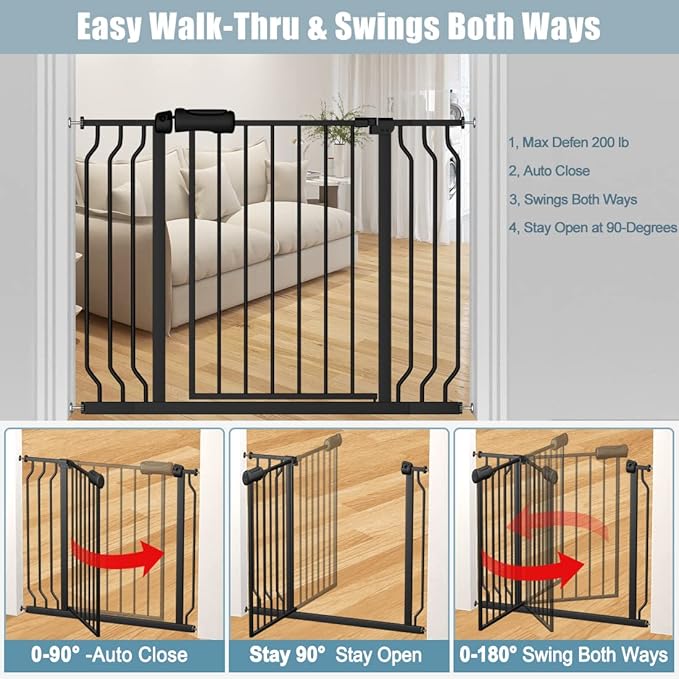 Black Baby Gate 29-34 Inch Wide Walk Through Pressure Mounted Safety Gate with Door No Drill Tension Metal Gate for Dog Cat and Toddler