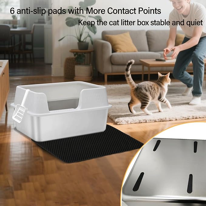 Enclosed High Sided Metal Stainless Steel Cat Litter Box with lid Scoop and Mats for Kittens or Medium Cats, Easy Clean Transparent Black Deep Tall Kitty Litter Box
