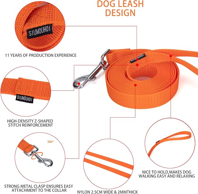 Strong Durable Nylon Dog Training Leash, 1 Inch Wide Traction Rope, 6 ft 10ft 15ft Long, for Small and Medium Dog (Orange, 10 Feet)