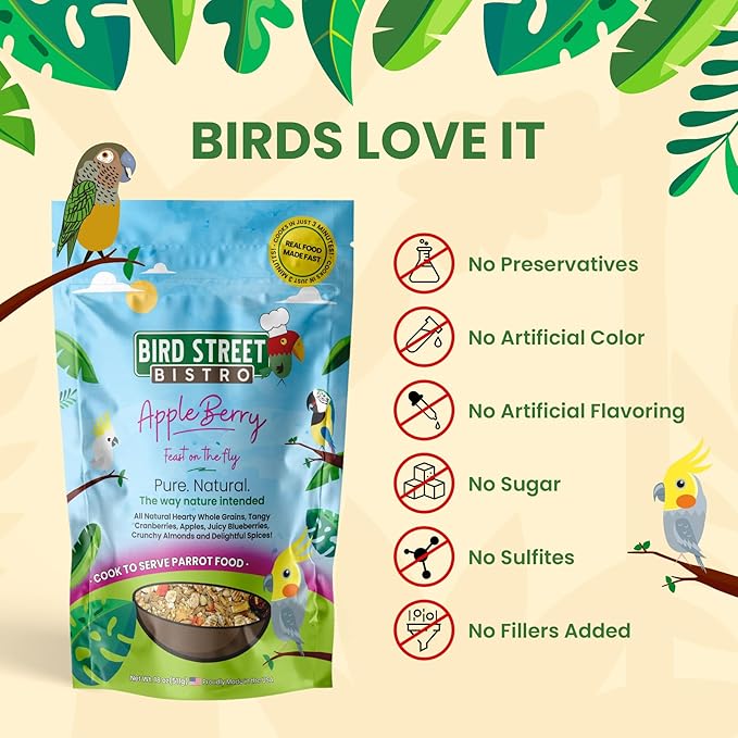 Bird Street Bistro Parrot Food - Parakeet & Cockatiel Food - Cooks in 3-15 min with Natural & Organic Grains, Legumes, Non-GMO Fruits, Vegetables & Health-Oriented Spices