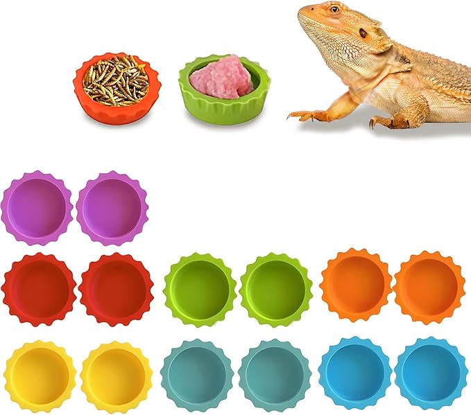 14 PCS Crested Gecko Food Dish, Reusable Small Reptile Feeding Cups, Gecko Food & Water Bowl 7 Colors