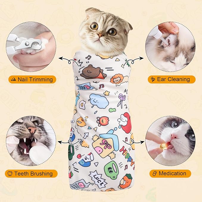 31.5 in Cat Wrap for Cutting Nails, Self-Adhesive Cat Grooming Wrap Anti-Escape Cat Restraint for Nail Clipping Cat Swaddle Wrap Cat Wrapping Cloth for Pet Cleaning and Beauty (Within 22 lbs)