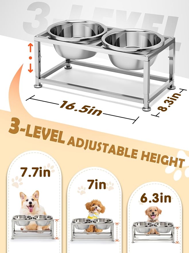 49OZ Full Metal Raised Dog Bowls for Small Dogs - 3 Height Adjustable (6.3'', 7", 7.7") Food Water Bowl, Stainless Steel Elevated Dog Bowl Feeder Station for Relief Joint Pressure
