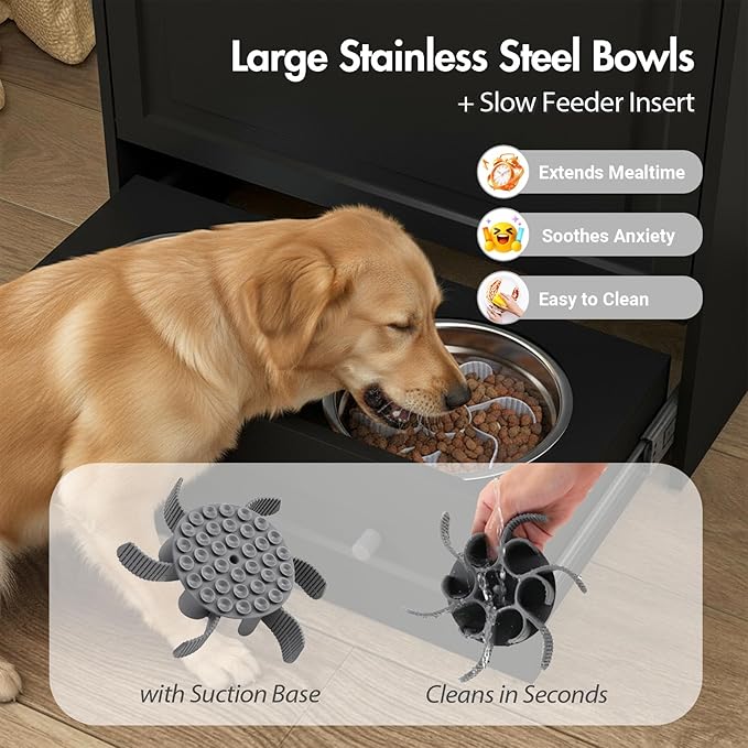 Dog Feeding Station with Storage Cabinet, Hidden Elevated Bowls for Medium & Large Dogs, Dog Food Cabinet Organizer with Hooks for Pet Supplies, Slow Feeder & Stainless Steel Bowls (Black)