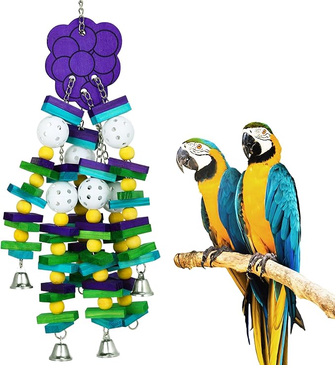 Large Bird Parrot Toys with Bells- Parrots Cage Chewing Toy Gift with Colorful Wood Blocks Beads- Bird Parrot Chewing Sticks Toys for Cockatoos African Grey Macaws and Amazon Parrots(Grape Style)