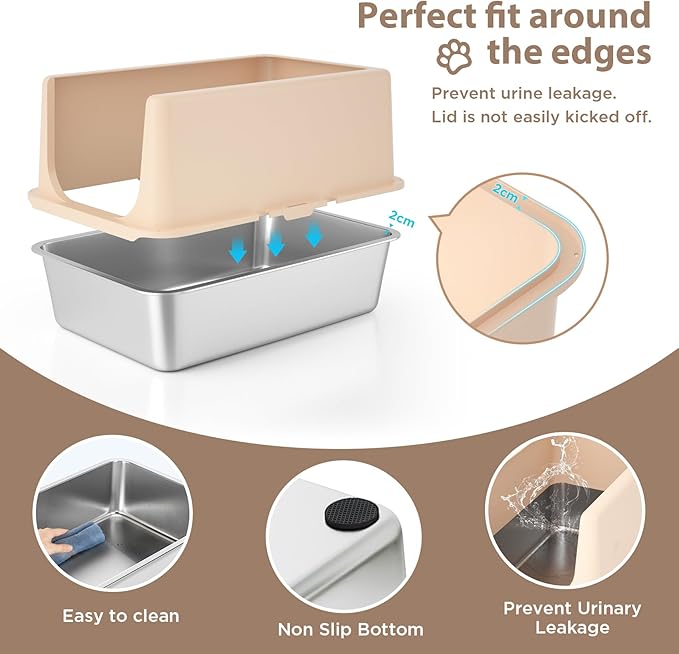 Stainless Steel Cat Litter Box, Metal Litter Box with Lid, 14" Extra Large Litter Boxes for Big Cats, High Sided Beige Cat Box Enclosure Blends with Home Decor, Non-Sticky, Anti-Leakage, Easy Clean