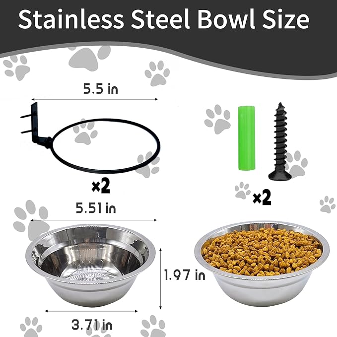 Wall Mounted Dog Bowls-2 * 16 Oz, Stainless-Steel Raised Adjustable Height Dog Food and Water Bowls, Elevated Pet Comfort Feeding Bowl for Medium Large Dogs Cats(Collapsible)
