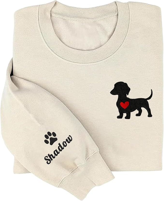NAZENTI Embroidered Dachshund Sweatshirt with Dog Name on Sleeve, Personalized Valentines Dog Mom Shirt, Wiener Dog Gifts