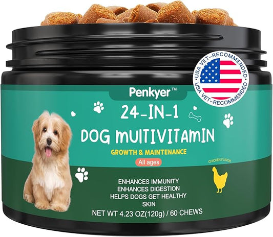Dog Vitamins and Supplements, Senior & Puppy Multivitamin for Dogs Support with Glucosamine Chondroitin Omega Probiotics, Dog Multivitamins Chews for Hip & Joint, Skin, Immune, Chicken 60 Ct