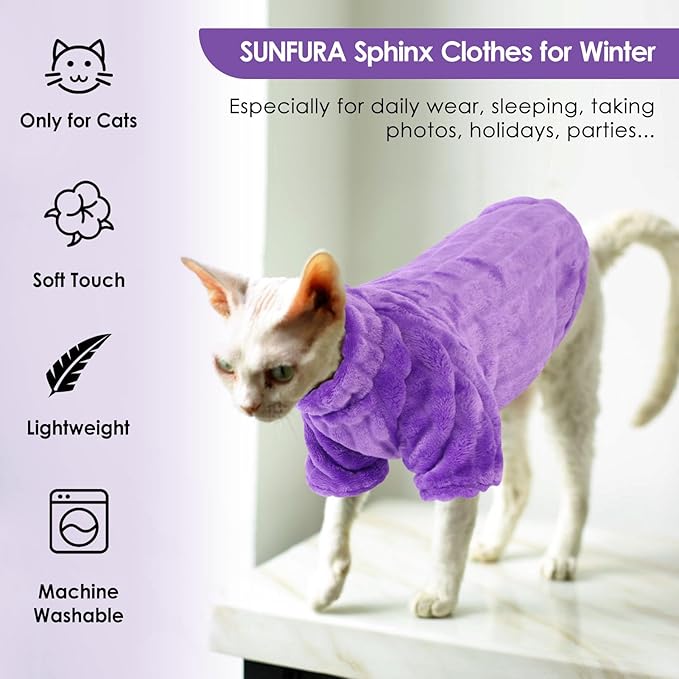 SUNFURA Sweaters for Cats, Hairless Sphynx Sweater Kitten Pullover with Sleeves, Warm and Soft Cat Pajamas Fleece Sweatshirt Jumpsuit, Turtleneck Clothes for Fall Winter, Purple S