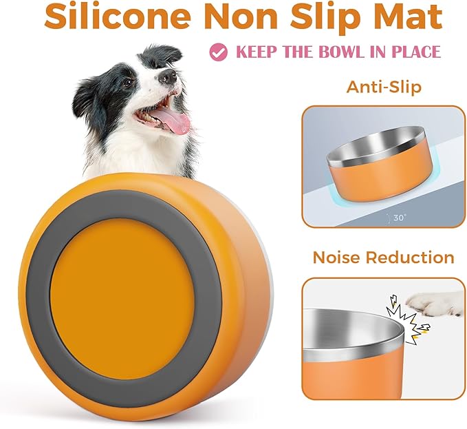 LIHONG Stainless Steel Dog Bowls for Large Dogs,Dog Food Water Bowls with Non Slip Rubber Bottom,Pet Feeding Bowl,Double Wall Insulated,Rustproof(64oz,Orange)