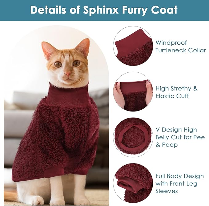 SUNFURA Sphynx Cat Sweater, Hairless Cats Turtleneck Pullover Kitten Sweaters for Cats Only, Warm and Soft Cat Pajamas Shirt with Sleeves Pet Winter Clothes Fleece Jumpsuit for Puppy, Burgundy L