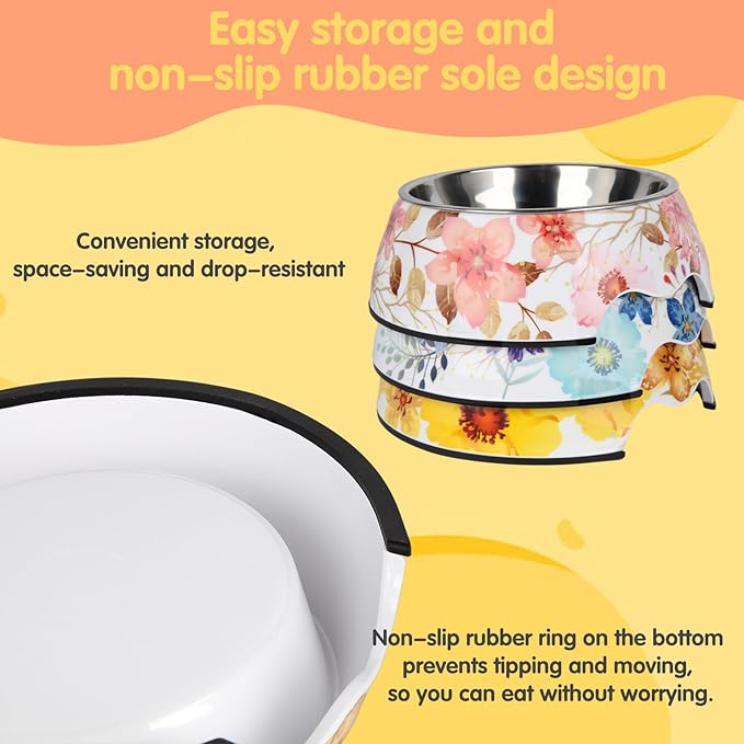 2 in 1 Food Water Bowls - Non Slip Skid Proof Heavy Duty Pet Bowls for Feeding Drinking Small Medium Large Dogs Cats Puppies (Pink Flower, L:28 OZ)