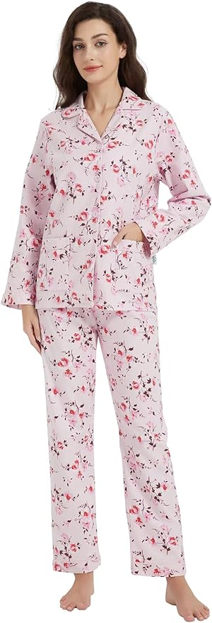 GLOBAL Flannel Pajamas for Women 2-Piece Comfy and Cozy Flannel Pj Set Cotton Loungwear