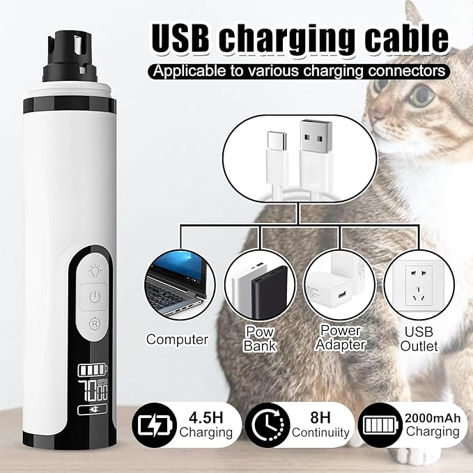 Upgrade Dog Cat Nail Grinder Cordless with LED Light & 3 Speeds, Dog Cat Nail Trimmer with 2000mAh Long-Lasting Battery for Thick Nails (1+1*Replacement Head)