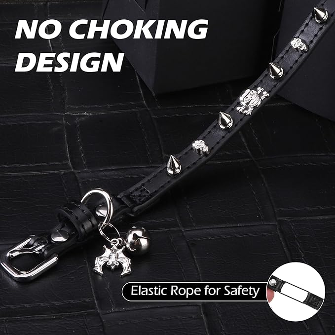 EXPAWLORER Halloween Cat Collar for Girl Boy- Adjustable Leather Pet Collar with Safety Elastic Belt,Personalized Punk Accessories Buckle Collars with Bell & Durable D-Ring, Rivet (Black)