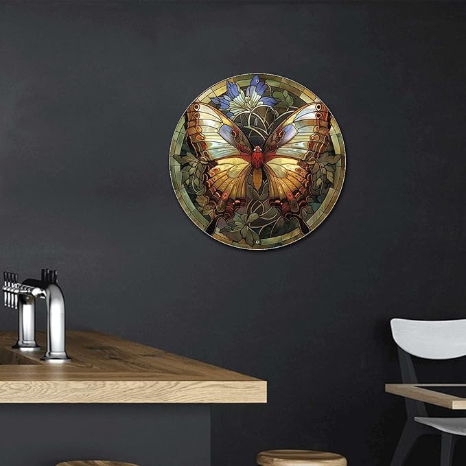 Lygond Metal Sign Tin Sign Circular Stained Glass Butterfly Funny Bathroom Wall Decor for Patio 8×8 Inches