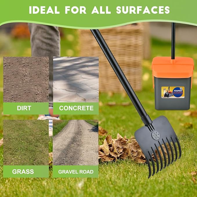 Pooper Scooper Swivel Bin & Rake Kit with 55 Waste Bags, 46" Long Handle Adjustable Portable Non-Breakable Dog Pooper Scooper Easy to Clean Pet Waste