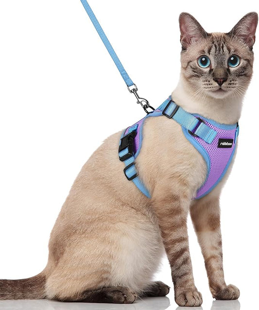 rabbitgoo Cat Harness and Leash Set, Escape Proof Soft Adjustable Vest Harnesses for Outdoor Walking, Easy Control Breathable Kitten Jacket with Reflective Strips, Purple & Blue, S
